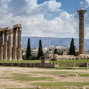 Elevated view of the Temple of Olympian Zeus colossal ruined temple in central Athens Elevated view of the Temple of Olympian Zeus colossal ruined temple in central Athens