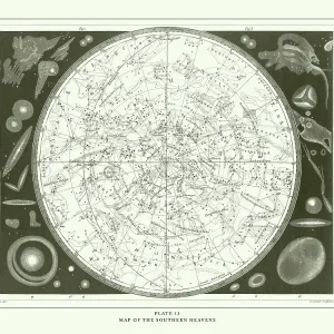 Engraved Antique, Map of the Southern Heavens Engraving Antique Illustration, Published 1851 Engraved Antique, Map of the Southern Heavens Engraving Antique Illustration, Published 1851