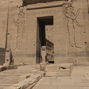 Entrance to the Temple of Isis with two stone lions