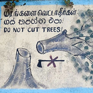 Environmental protection, painted sign, Do not cut trees depicting a felled tree and a crossed-out axe, Nuwara Eliya, Sri Lanka