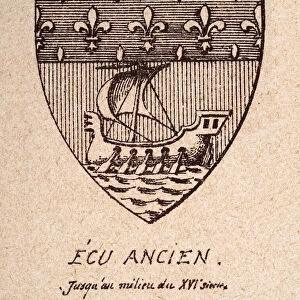 Escutcheon, or heraldic shield, 16th Century French coat of arms, fleur de lis and ship