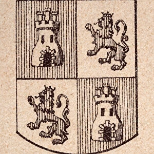 Escutcheon, or heraldic shield, 16th Century Spanish coat of arms, Quartered, Castle and lion