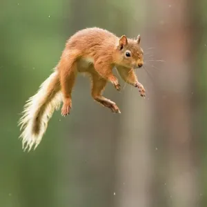 Eurasian red squirrel (Sciurus vulgaris) jumps through the air, Cairngroms National Park, Highlands, Scotland, Great Britain Eurasian red squirrel (Sciurus vulgaris) jumps through the air, Cairngroms National Park, Highlands, Scotland, Great Britain