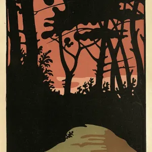 Evening, Woodland, Trees, Sunset, Art Nouveau landscape, History 19th Century Evening, Woodland, Trees, Sunset, Art Nouveau landscape, History 19th Century