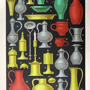 Examples of medieval jugs and vase, pewter metalwork, French 15th Century, Vintage illustration Examples of medieval jugs and vase, pewter metalwork, French 15th Century, Vintage illustration