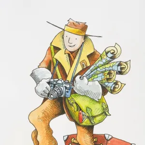 Explorer, wearing overcoat, cargo pants, boots and hat, carrying rolled-up maps, camera, and satchel, standing on first aid box, with over-packed suitcase behind