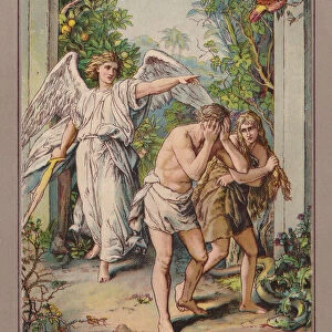 Expulsion of adam and eve from paradise, chromolithograph, published 1900