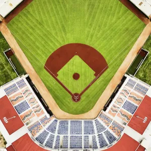 Extreme wide shot aerial view of empty professional baseball stadium Extreme wide shot aerial view of empty professional baseball stadium