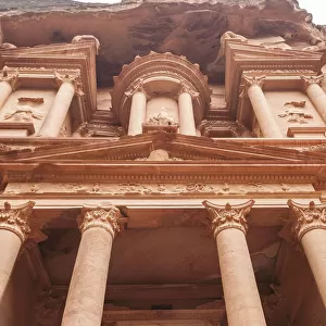 The facade of the Treasury (Al-Khazneh) in Petra, Jordan