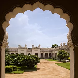 Facade view through arch, Chowmahalla Palace, Hyderabad, Andhra Pradesh, India