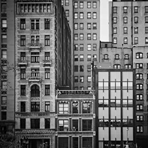 Detail of facades of buildings facing Union Square along Broadway. Manhattan, New York City