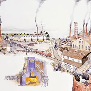 Factories, with tall chimneys billowing pollutants