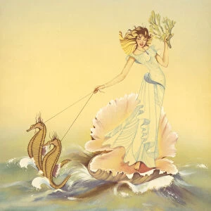 Fairy Riding a Seashell with Seahorses