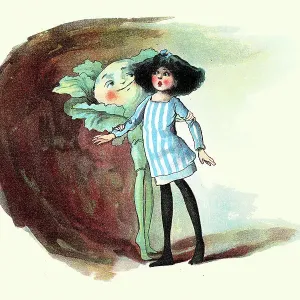 Fairy tale, Little girl in a magical world with a vegetable man, The Vege-men's revenge, children's book illustration, Florence K Upton, 1890s Fairy tale, Little girl in a magical world with a vegetable man, The Vege-men's revenge, children's book illustration, Florence K Upton, 1890s