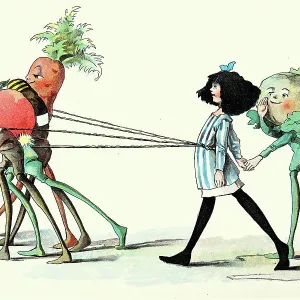 Fairy tale, Little girl taken captive by vegetable men, The Vege-men's revenge, children's book illustration, Florence K Upton, 1890s Fairy tale, Little girl taken captive by vegetable men, The Vege-men's revenge, children's book illustration, Florence K Upton, 1890s