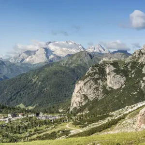 Falzarego Pass with Sasso di Stria, Col di Lana at the back, World War I Memorial, the Marmolada massif behind, Cortina dAmpezzo, Veneto, Italy