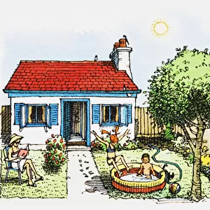 Family scene on hot summer day in garden, with children playing in paddling pool, parent reading book, and cottage-style house in background