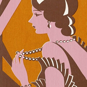 Fancy Woman Holding Strand of Pearls