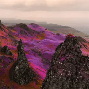 Fantasy aerial picture above the dramatic landscape with infrared colors in Scotland Fantasy aerial picture above the dramatic landscape with infrared colors in Scotland