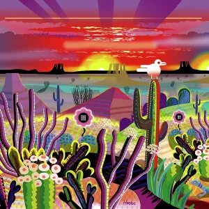 Fantasy Desert Cactus, Mountains Sunrise Landscape Illustration with animals and a human couple
