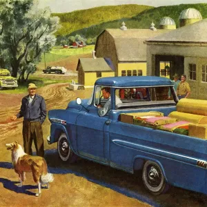 Farm Scene Print with Blue Vintage Truck