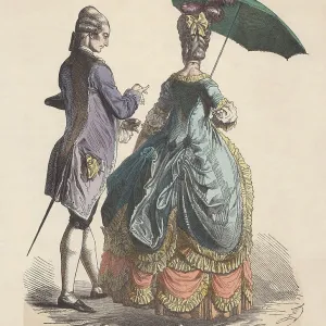 Fashion of nobility, Rococo era print, hand-colored woodcut