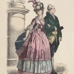 Rococo Noble Fashion Print, 18th Century Hand-Colored Engraving