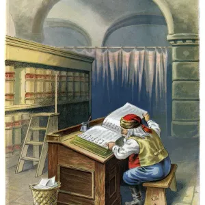 Father Christmas and his List Vintage Colour Lithograph Print Father Christmas and his List Vintage Colour Lithograph Print