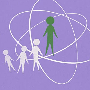 Four Figures of People and an Atomic Symbol