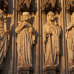 Figures of saints on the main portal, west facade, Cologne Cathedral, Cologne, North Rhine-Westphalia, Germany Figures of saints on the main portal, west facade, Cologne Cathedral, Cologne, North Rhine-Westphalia, Germany
