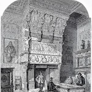 Fireplace in the Wedding Room of the Stadhuis, City Hall, of Antwerp, Belgium, Historic, digital reproduction of an original 19th-century artwork