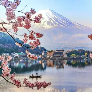 Kawaguchiko Lake Print with Fuji Mountain Reflection and Cherry Blossoms Kawaguchiko Lake Print with Fuji Mountain Reflection and Cherry Blossoms