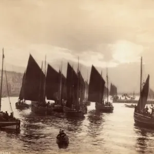 Fishing Boats Print circa 1880: Small vessels at Whitby harbour