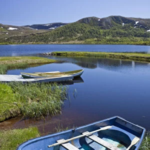 Fishing boats on the clear lake Almotjonna, Denstad, Norway, Scandinavia, Europe
