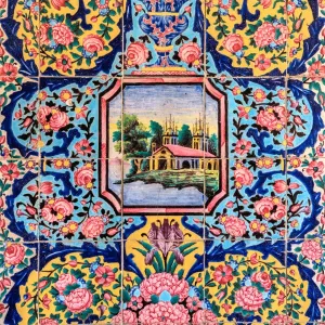 Floral decoration, painted tiles, Nasir al-Mulk Mosque, Shiraz, Fars Province, Iran Floral decoration, painted tiles, Nasir al-Mulk Mosque, Shiraz, Fars Province, Iran