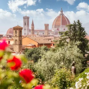 Florence, Tuscany, Italy. Flowers in foreground in springtime Florence, Tuscany, Italy. Flowers in foreground in springtime