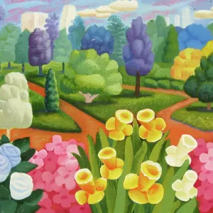 Flowering Plants in Green Park Refreshing Landscape Painting