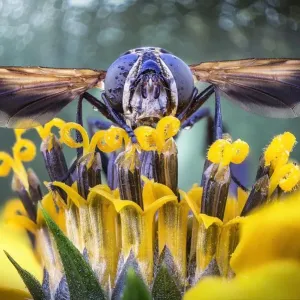 Fly on yellow flower with wings spread Fly on yellow flower with wings spread