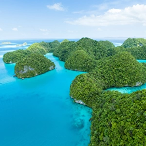 Flying over lush tropical rock islands, Palau