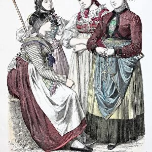 Folk traditional costume, clothing, history of costumes, woman from the Black Forest, the Schwapbachtal and from Hauenstein, Baden-Wuerttemberg, Germany, 1885, Historical, digitally restored reproduction of a 19th century original