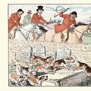 Fox hunting, Pack of hound running through graveyard, Victorian