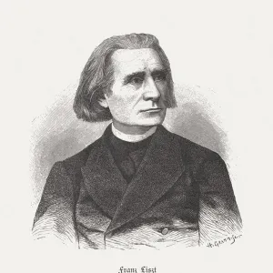 Franz Liszt (1811-1886), Hungarian composer, wood engraving, published in 1887 Franz Liszt (1811-1886), Hungarian composer, wood engraving, published in 1887
