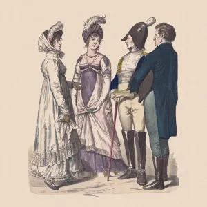 French-German Costumes Print (1800-1812), Hand-Colored Wood Engraving French-German Costumes Print (1800-1812), Hand-Colored Wood Engraving