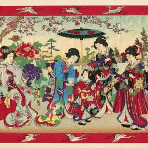 Geishas with princess and court ladies woodcut 1880 Geishas with princess and court ladies woodcut 1880