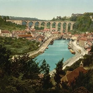 General view of Dinan in Brittany, France, c. 1890, Historic, digitally enhanced reproduction of a photochrome print from 1895