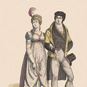 German costumes, shortly after 1800, hand-colored wood engraving, published c. 1880