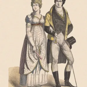 German costumes, shortly after 1800, hand-colored wood engraving, published c. 1880 German costumes, shortly after 1800, hand-colored wood engraving, published c. 1880