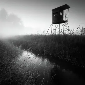 German floodplain landscape in Brandenburg with high seat on the Nuthe in black and white, Luckenwalde, Germany German floodplain landscape in Brandenburg with high seat on the Nuthe in black and white, Luckenwalde, Germany