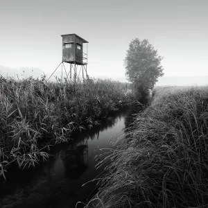 German floodplain landscape in Brandenburg with high seat on the Nuthe in black and white, Luckenwalde, Germany German floodplain landscape in Brandenburg with high seat on the Nuthe in black and white, Luckenwalde, Germany