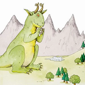 Giant green dragon with curled horns and red eyes sitting on green field in front of mountain range, side view